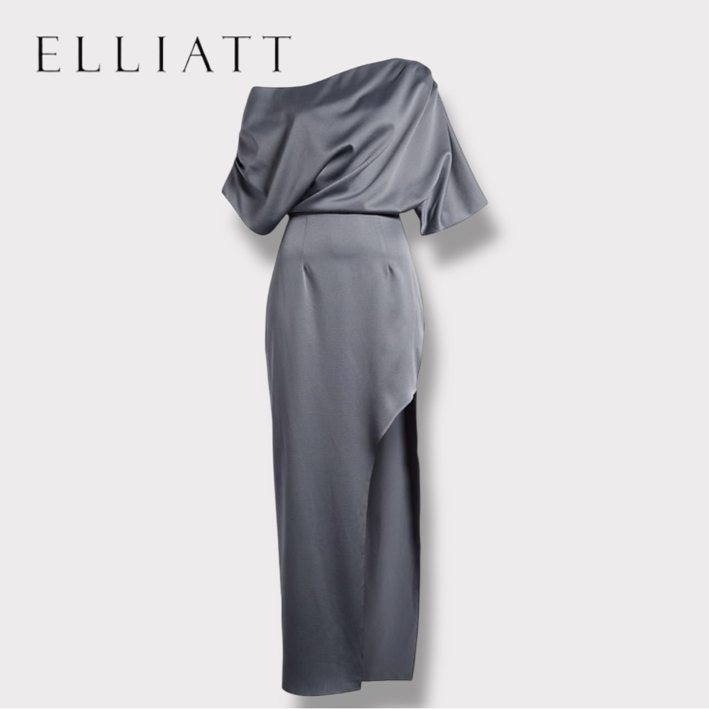 Elliatt Andrea Off Shoulder Long Gown Dress In Charcoal Nwt - Small